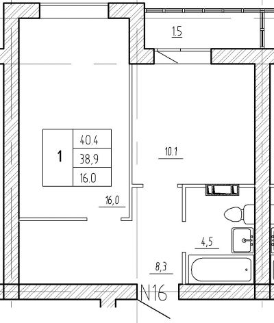 1-комнатная квартира №16, 40.4 кв. м, цена 2 350 000 руб. в ЖК На Героев пгт. Сиверский