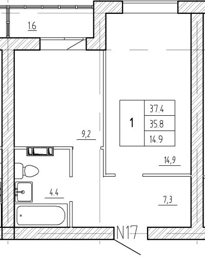 1-комнатная квартира №17, 37.4 кв. м, цена 2 300 000 руб. в ЖК На Героев пгт. Сиверский